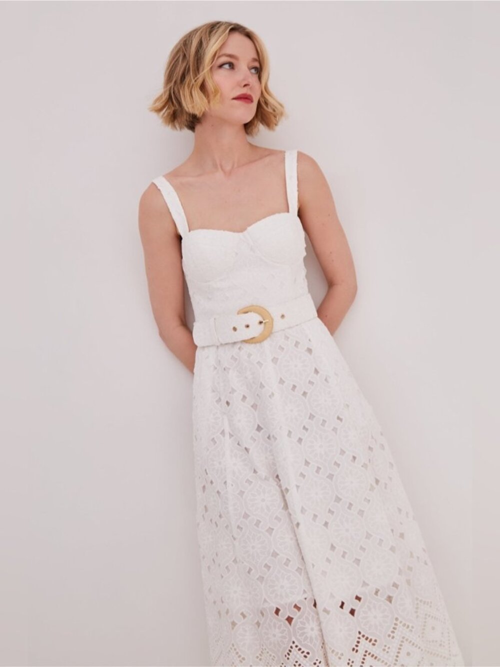 NEW Cara Cara Calypso Bustier Midi Dress Trellis Eyelet White Lace | US 6 UK 10 - Picture 4 of 16